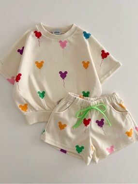 At Noon Disney Kids Cream Short Sleeve Pajama Set with Colorful Balloon Print